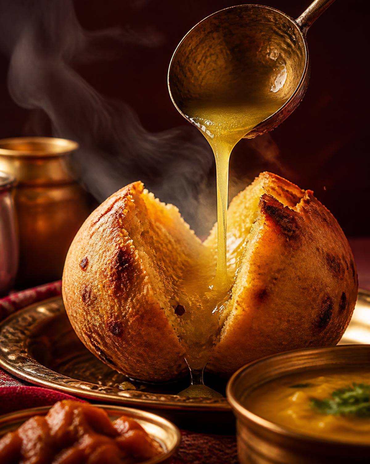 Ghee being poured over hot Rajasthani baati